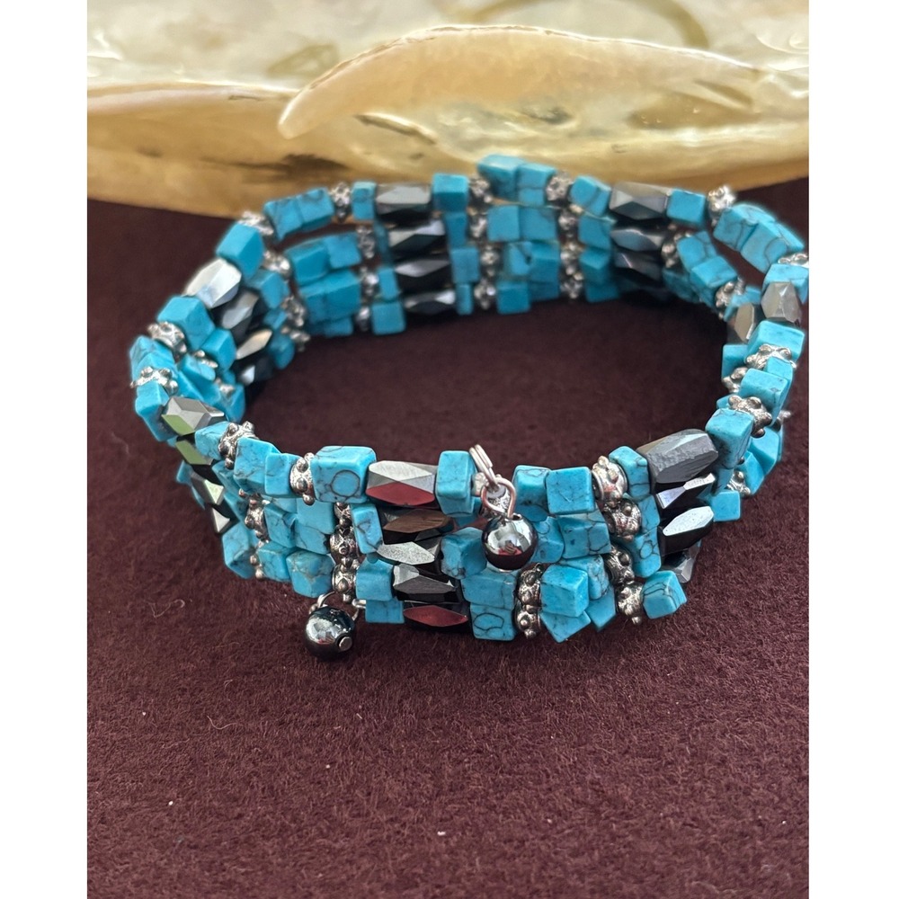 Turquoise and Hematite Beaded Memory Wire Wrap Bracelet Long Necklace Boho